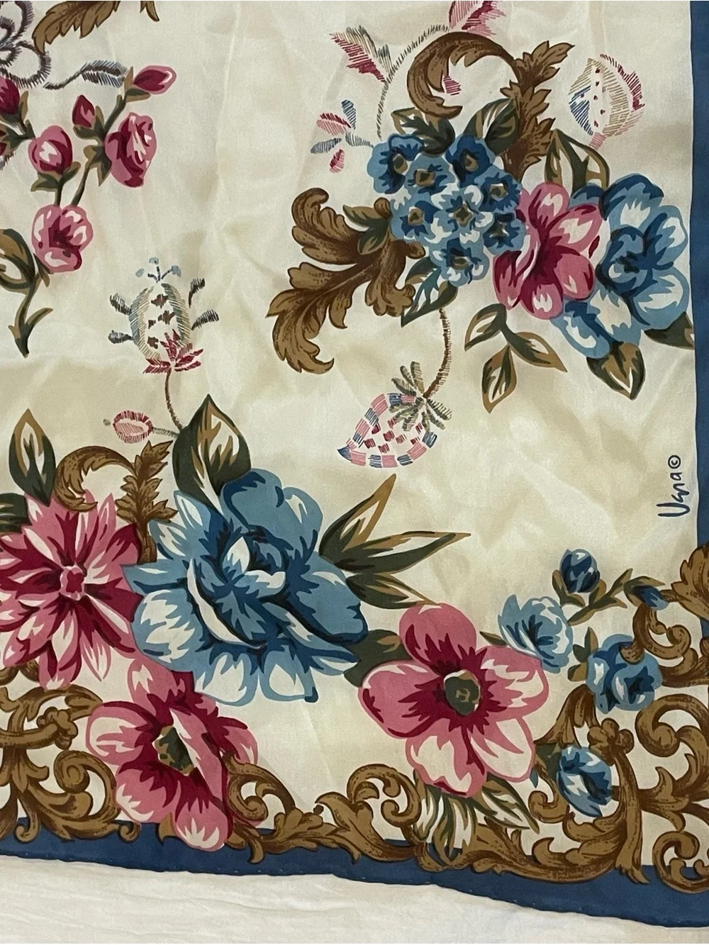 Vintage Vera Floral Scarf Blue Pink Cream Baroque Cottagecore Sheer Wrap 52”x10”